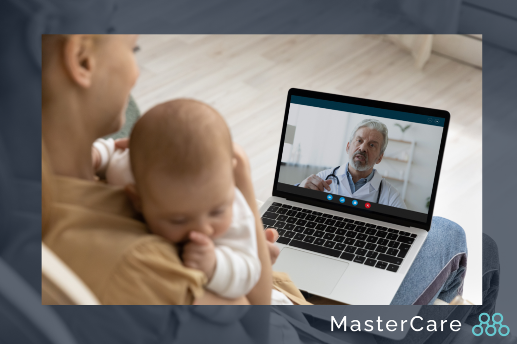 Women holding baby on a telehealth appointment, powered by Digital Front Door Software